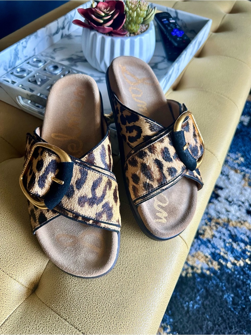 Darla Gold Buckle Leopard Slides 9.5